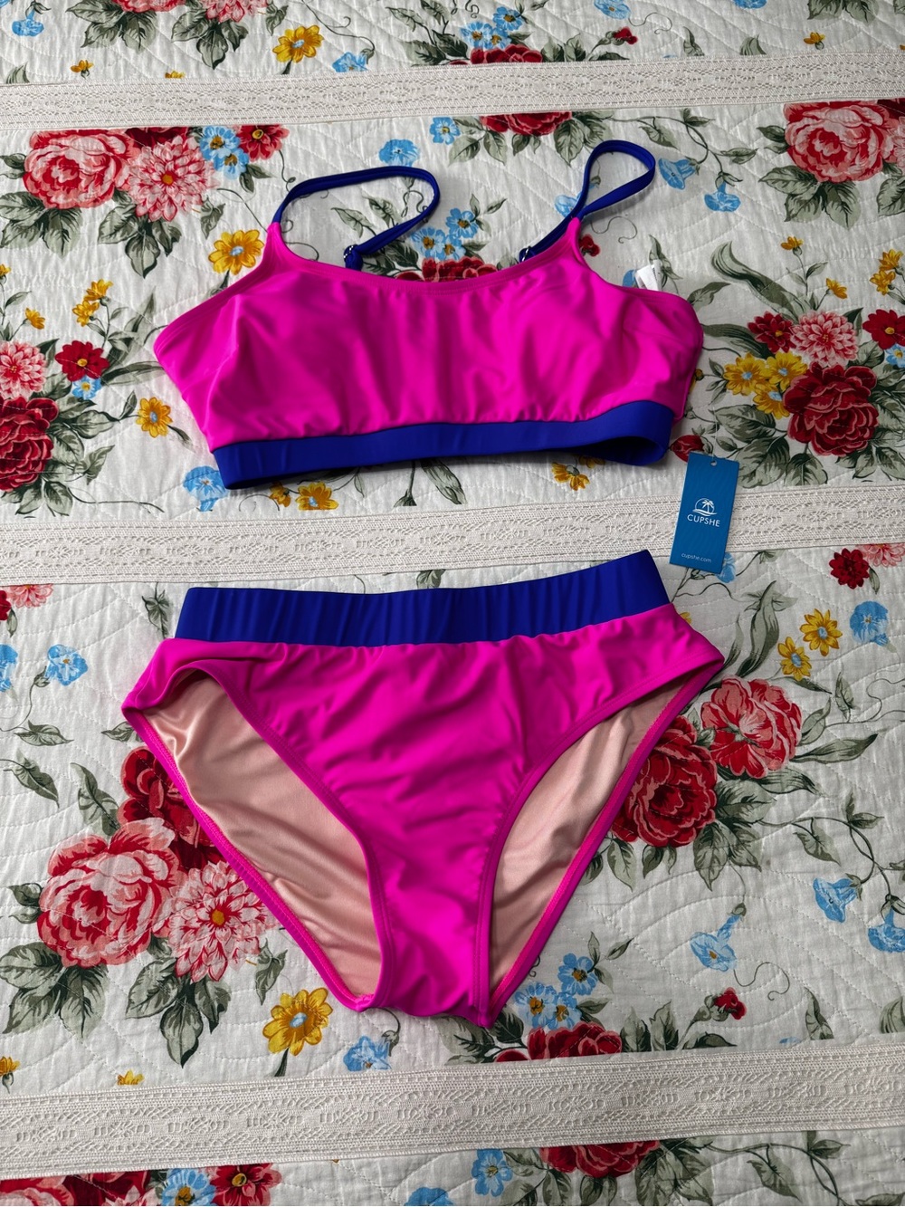 Neon Colorblock Scoop Neck Bikini Top & Hipster Bottoms Set Pink/Blue
